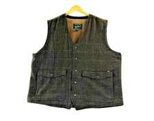Woolrich Green/Brown Wool Herringbone Tweed Vest Sherpa Lined Mens XL Pockets