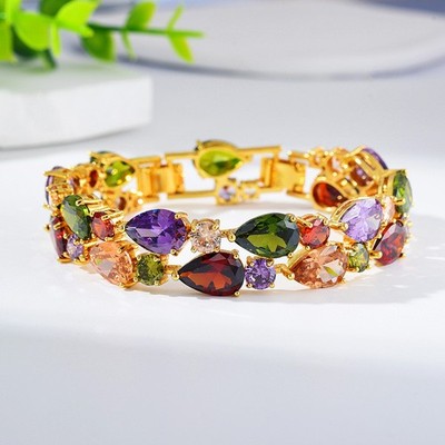 New Mix Color Mona Lisa Amethyst Garnet Gemstone Charm Women Bracelet Gold