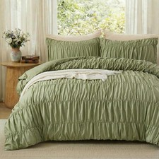 Boho Queen Duvet Cover 100 Cotton,Ruched Bedding Comforter Cover Set,Avocado