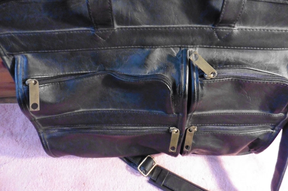 Large Black Leather Expandable Organizer Laptop Briefcase w/ Shoulder Strap - Image 2 of 4