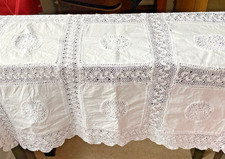 VINTAGE WHITE COTTON & WHITE CROCHET LACE  SQUARE TABLECLOTH~ 36" x 32"
