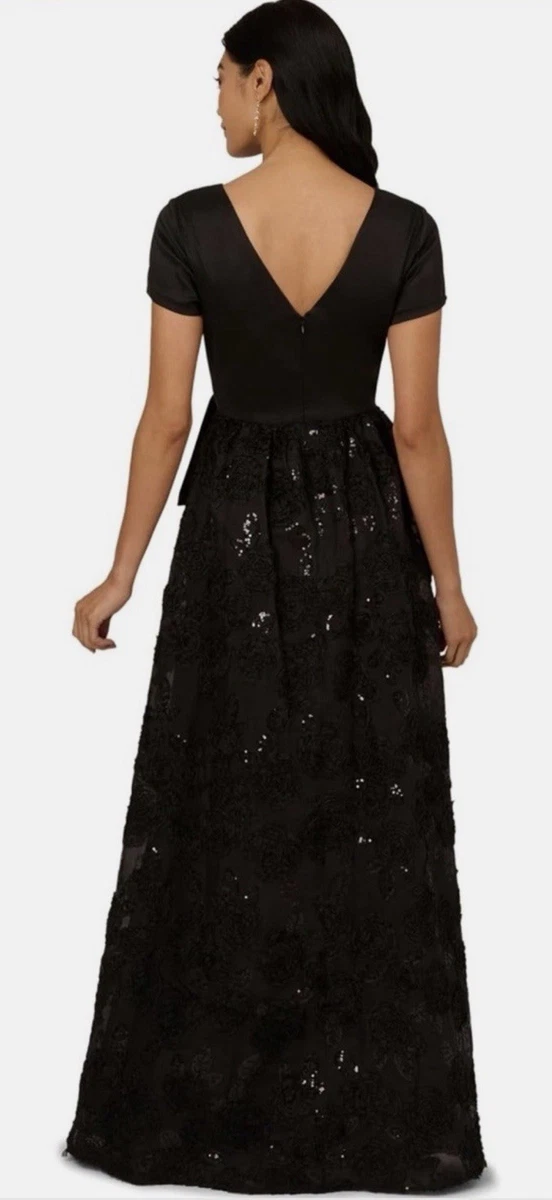 Vestido Adrianna Papell Soutache Detalle Floral Línea A Negro - Talla 16 Nuevo con Etiquetas