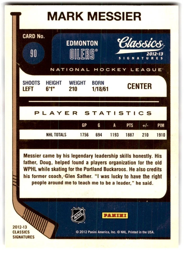 Mark Messier 2012-13 Panini Classics Signatures #90 Edmonton Oilers - Image 2 of 2