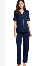 Eberjey Gisele TENCEL Modal Long PJ Set Navy/Ivory Stretch Woven Size L Modal