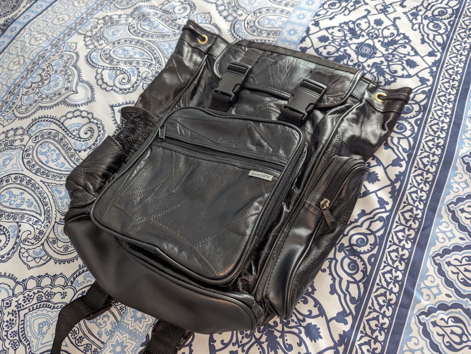 Leather Patchwork Backpack With Drawstring Top Un… - image 5