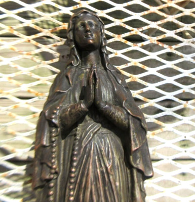 Old French Metal Virgin Mary Our Lady Lourdes Bronze  Statue Figurine