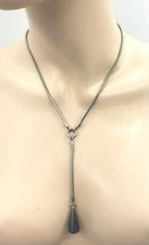 Silver Tone Snake Chain Necklace with Y-shaped Grey Stone Pyramid Pendant 22.5"