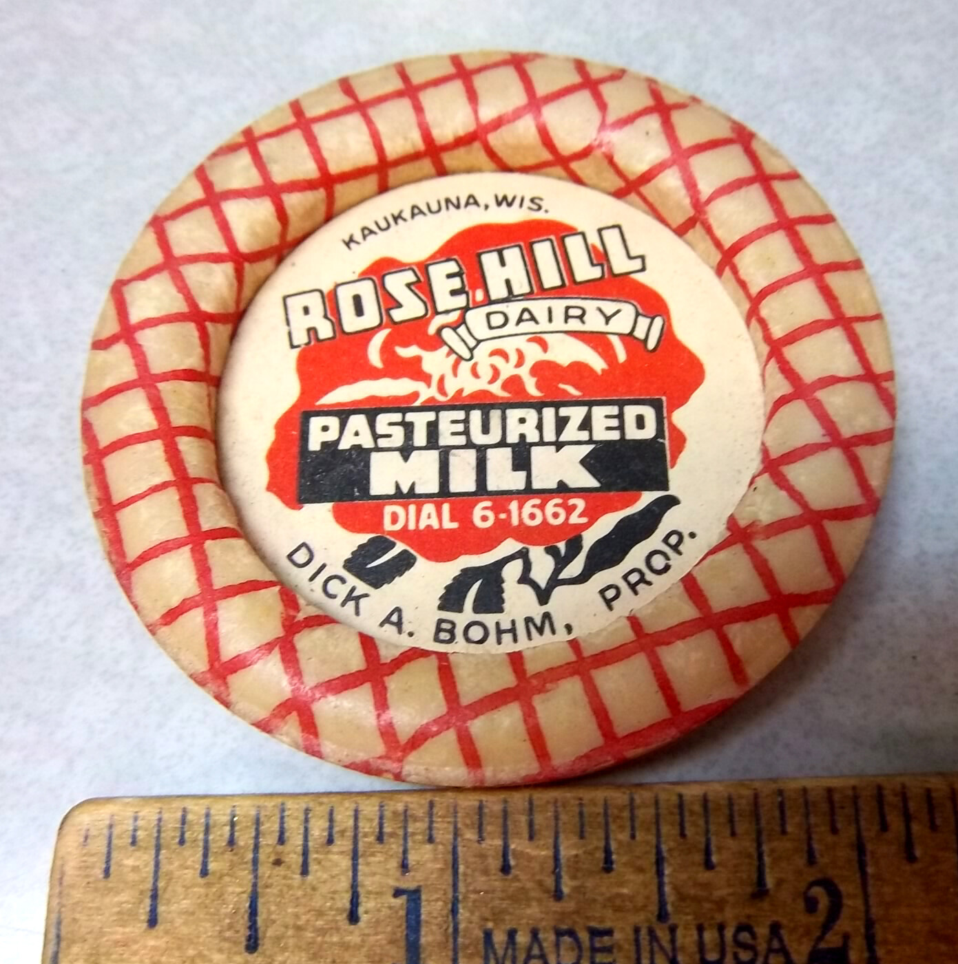 Milk Bottle Cap from Rose Hill Dairy, Kaukauna Wisconsin, Great