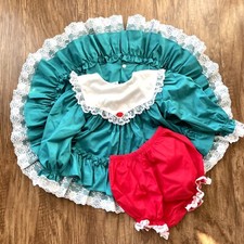 Vintage Full Circle Bryan 12 month Baby Christmas Dress Green Red Floral Lace