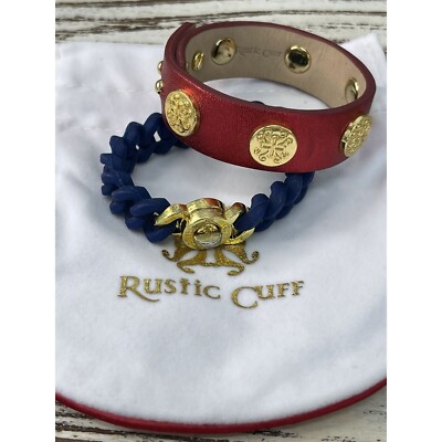 Rustic Cuff Gold Tone Logo Metallic Red Leather Bracelet with Navy Silicone set