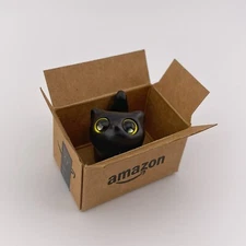 Adorable Tiny Black Wood Cat In A Box Desk Figurine