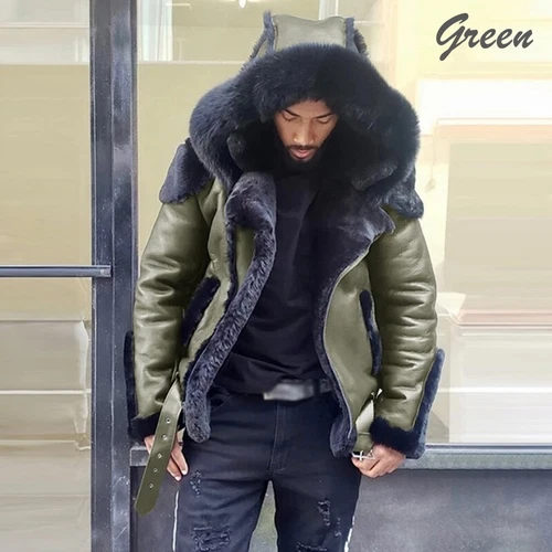 Men's Coats Teens Motorcycle Winter PU Slimming Jacket Fur Hood Fashion Warm - Picture 6 of 39