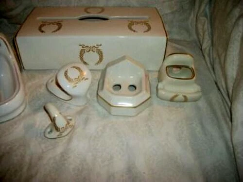 Vintage French White Porcelain Bath Hardware Set 6 Pc Gold Soap Toothbrush Hooks - Image 3 of 4