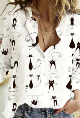 Women's Size XL 14 Light Linen Feel White Cat Button Blouse