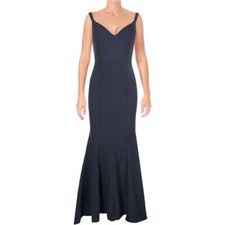 New $415 Jarlo Womens Blue V-Neck Hi-Low Back Train Mermaid Gown Dress Size 4