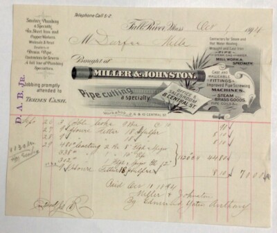 1894 Billhead Miller & Johnson Fall River Massachusetts pipe cutting #b12