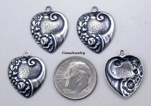 #0223 SMALL ANTIQUED STERLING SILVER PLATED FLORAL HEART W/HANG RING - 4 Pc Lot - Picture 2 of 2