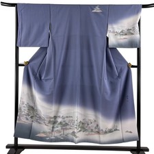 JAPANESE KIMONO HOMONGI Blue-gray 152cm 5 ft 0 in PURE SILK AA8838