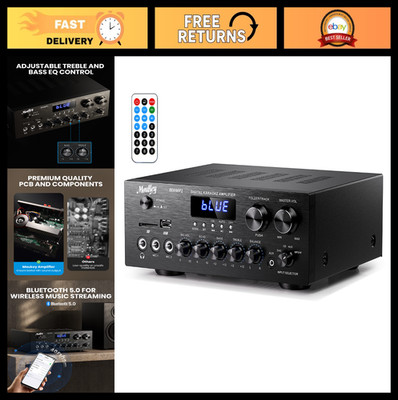 Bluetooth 5.0 Stereo Receiver, 2.0 Channel Audio Amplifier, USB/SD/AUX/RCA/MIC,