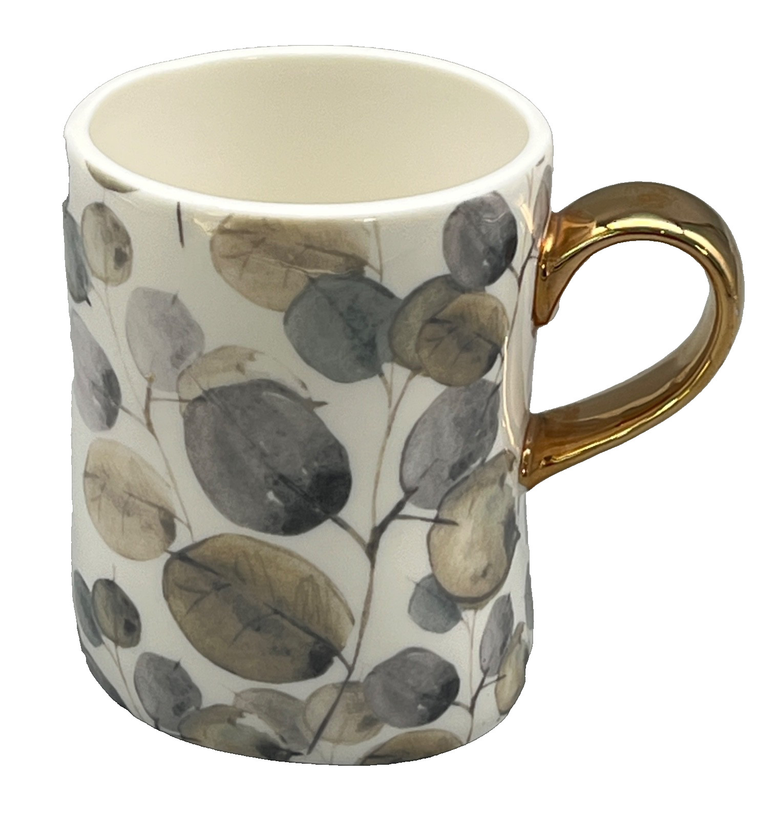 Pier 1 Imports Ceramic Coffee Tea Mug Cup Leaves Leaf Sleek Modern Gold Handle