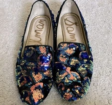 Sam Edelman Jordy Sequin Velvet Rainbow Blue Gold Slip On Loafers Shoes Sz 7.5 M