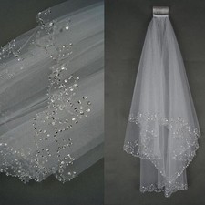 2 Layer White/Ivory Elbow Length Beads Edge Wedding Bridal Veil with Comb New