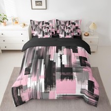 Pink Grey Black Bedding Set Full Size 7 Pieces, Abstract Stripes Comforter Se...