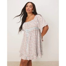 Asos Design Curve Blue Ditsy Floral Square Neck Puff Sleeve Mini Dress Size 14