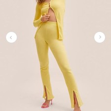 Mango Tall Women’s Yellow Ribbed Elastic Pants with Side Slits Sz-M