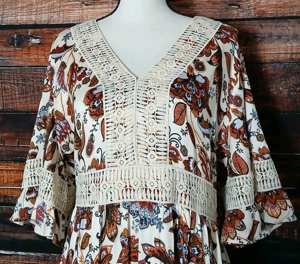 Cato Peasant Dress Size 14 16 W Boho Rayon Crochet Flared Half Bell Sleeve Midi - Image 4 of 4