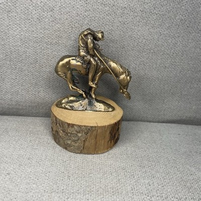 End Of The Trail Brass/Bronze Figure On Wood Round Small Details Good Condition