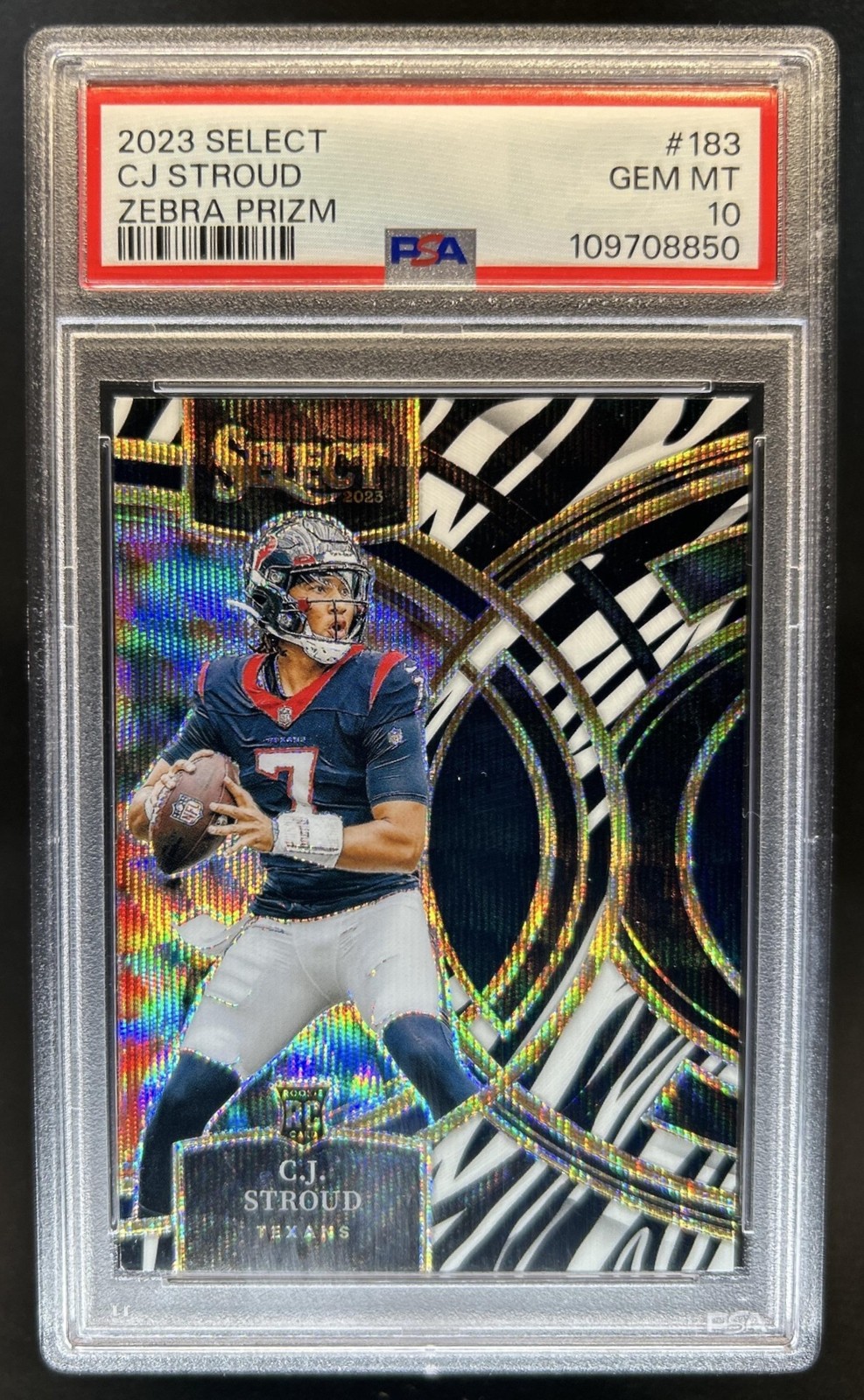 2023 Panini Select C.J. Stroud Zebra Prizm SSP RC Premier Level #183 PSA 10 view 1