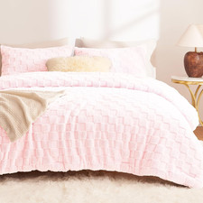 Fleece King Comforter Set Blush Pink,Super Soft Warm Fluffy Bedding with Check