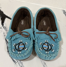 LAMO Womens Blue Suede Moccasin Slippers Beaded Fringe Bow Slip On US 7