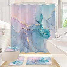 4 Pcs Bathroom Shower Curtain Set with Non-Slip Rugs, Toilet Lid Cover and Bath