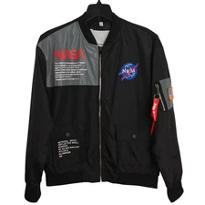 NASA Bomber Jacket Mens Large Black Windbreaker Full Zip USA Patch Halloween