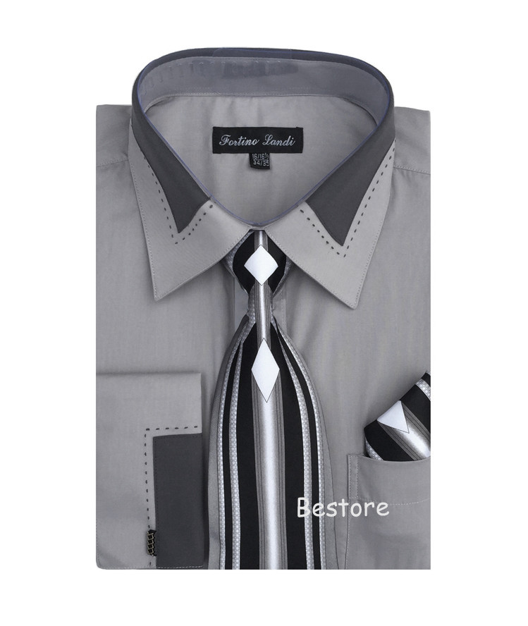 White Collared French Cuffed Turquoise Shirt With Tie/Hanky/Cufflink Set Men'S Dress Shirt