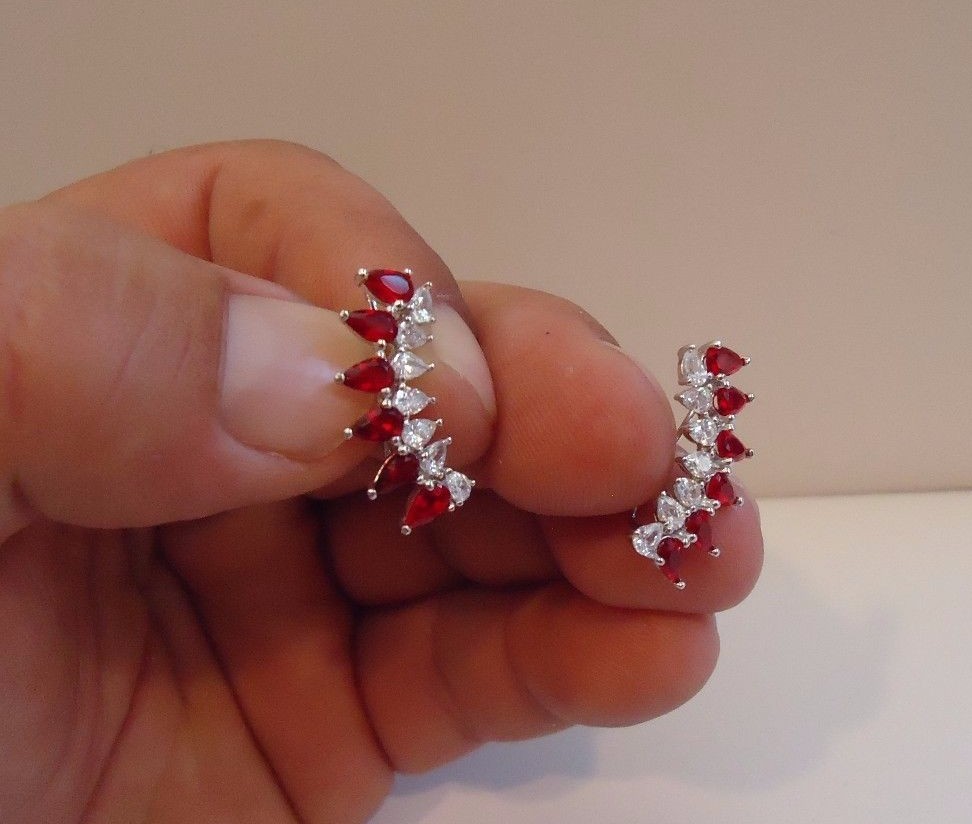PEAR SHAPE CLIMBING EARRINGS 4 CT SIMULATED DIAMONDS & RUBY 925 STERLING SILVER