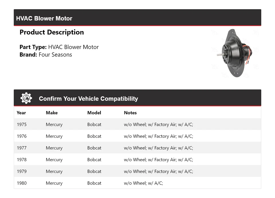 Motor soplador de climatización Mercury Bobcat 1975-1980 4 estaciones 1976 1977 1978 1979 Foto 2 de 4