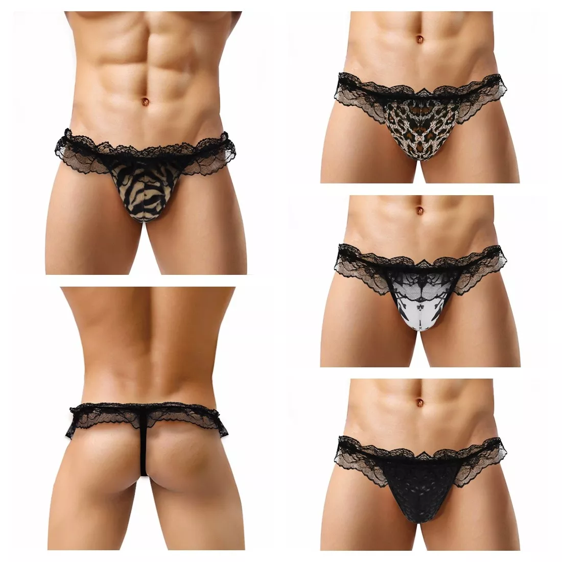 Sexy Mens Lingerie Backless Panties Thong Lace Pouch Bikini G