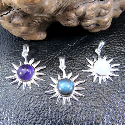 Massiver 925 Sterling Silber Sunburst Anhänger mit Edelstein - Himmlische Sonne Schmuck