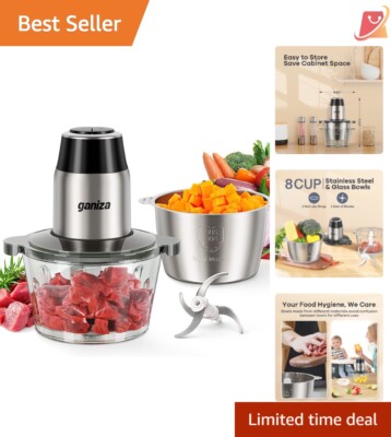 Electric Food Processor 8 Cup 450W Chopper Meat & Veggie 2 Speed Kitchen Helper