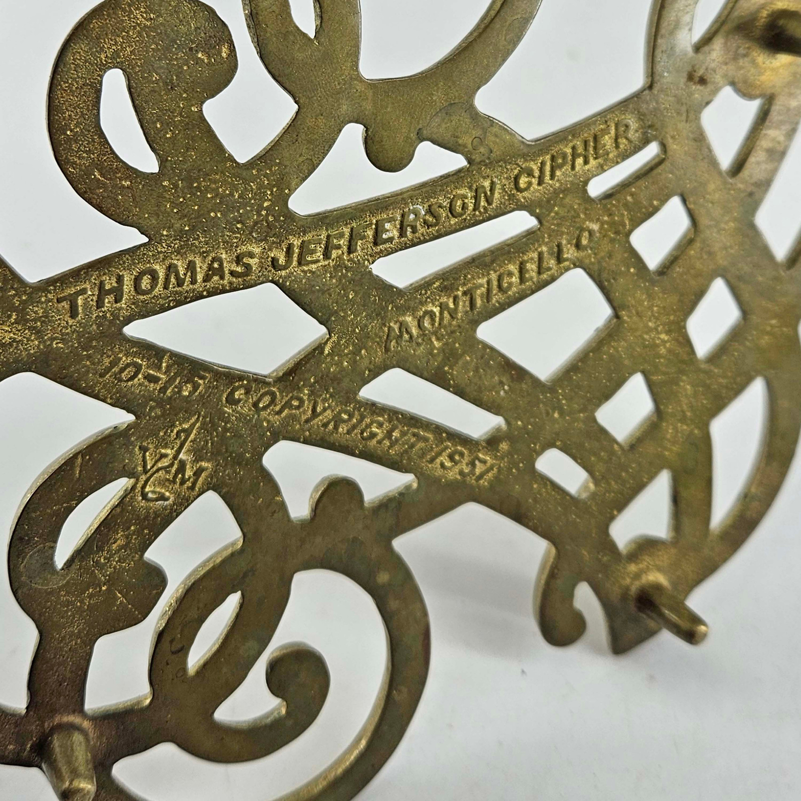 Vintage Virginia Metal crafters Brass President Thomas Jefferson Cipher