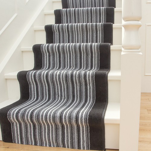 Black Striped Long Traditional Stair Carpet Hallway Runner Stairway