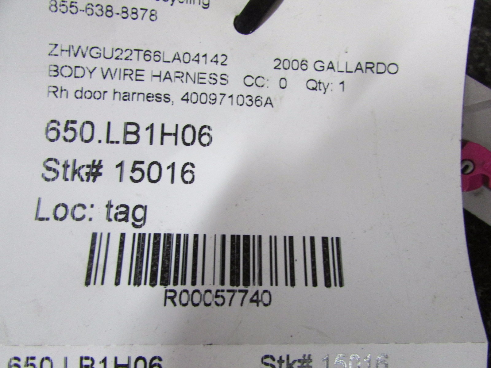 Lamborghini Gallardo Coupe, Spyder, RH Right Door Wire Harness, P/N 400971036A