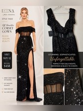 Ieena Mac Duggal Black Sequin Corset Gown Off Shoulder Slit Size 12 NWT #11665