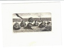 exlibris SURREALIST LANDSCAPE & BOATH & BOATH BY JNDRICH PILECEK