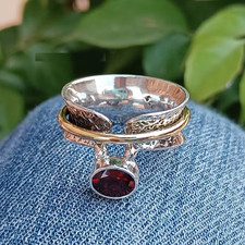 Handmade Garnet Sterling Silver Spinner Ring: Boho Gemstone Ring All Size R369