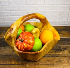 Rustic Hand Carved Crafted Burl Wood Tree Root Bowl Basket With Handle 12" Wide