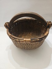 Antique Chinese woven willow medium size gathering basket with wood handle